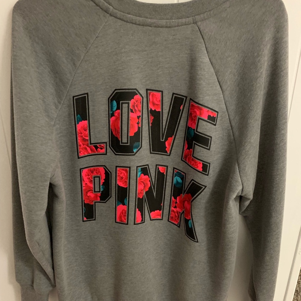 Gray love pink flowered shirt .